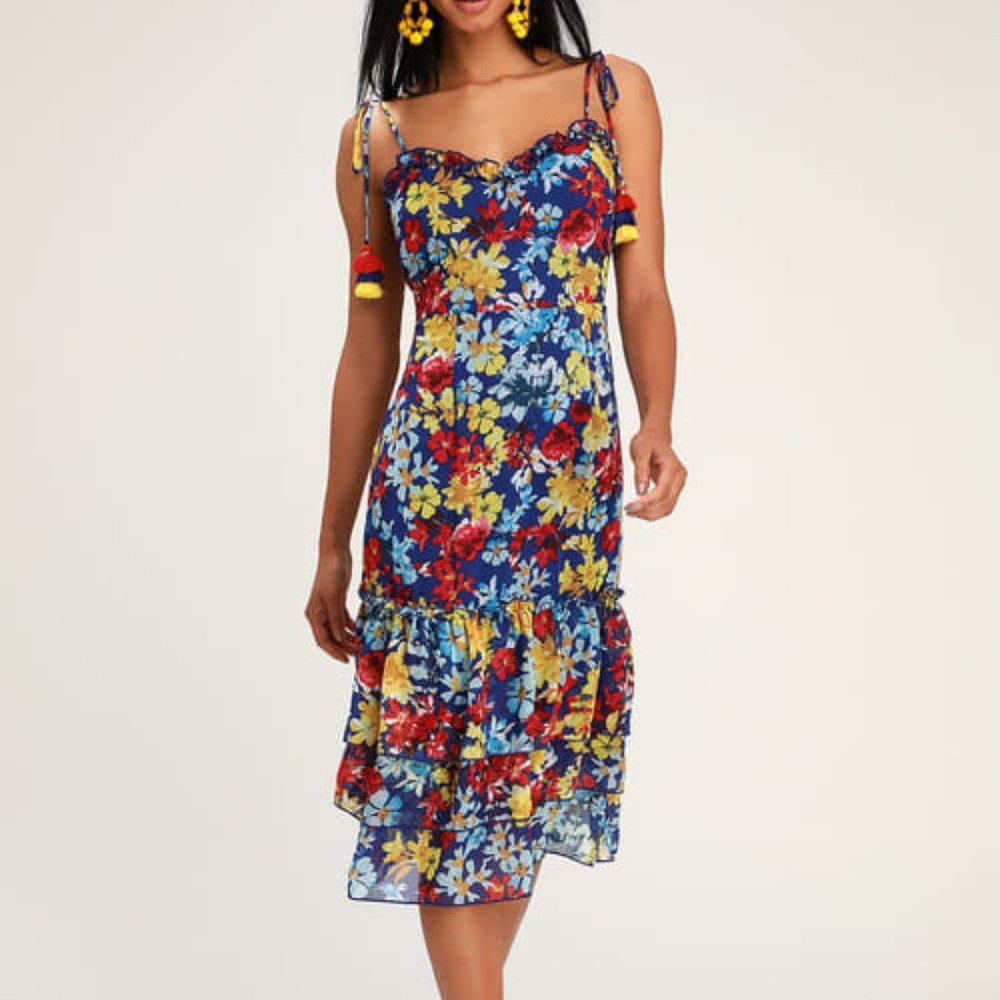Lulus Blue Floral Print Summer Midi Dress - SZ S